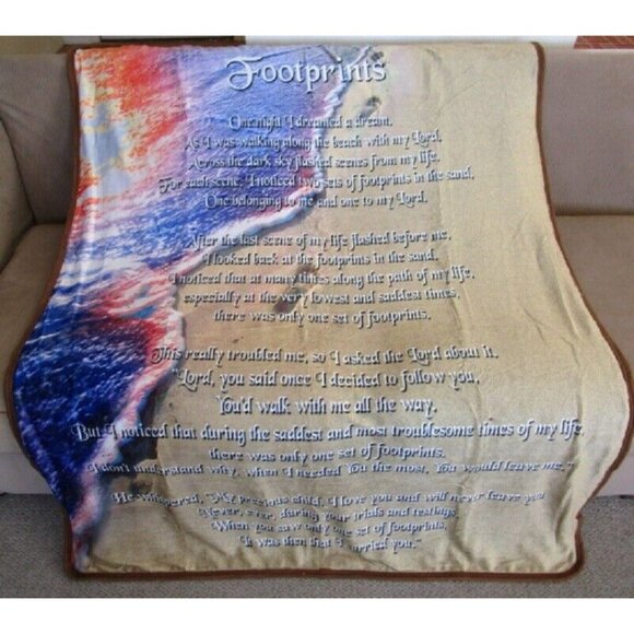 New Plush Footprints in the Sand Throw Gift Blanket Sherpa Spiritual Poem Jesus - Picture 2 of 5